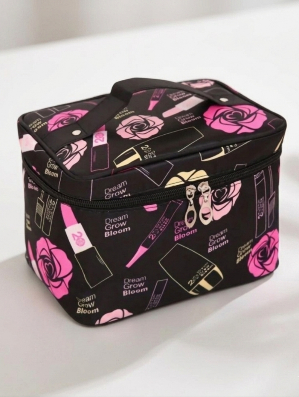 Rose and Lipstick Pink and black Pattern Cosmetic Case